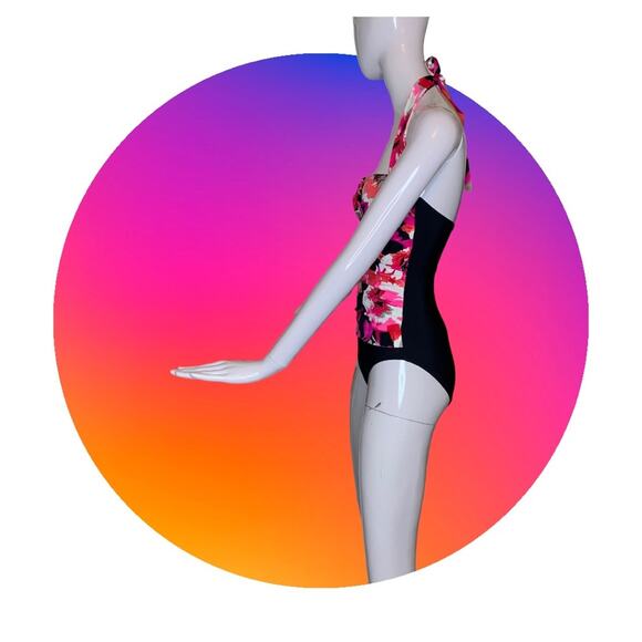 Aqua Green One Piece Swimsuit Padded Floral Pink Print Black bottom Small Halter - Picture 5 of 13
